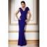 Slim V Neck Long Royal Blue Tiered Chiffon Evening Wear Dress With Flowers