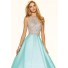Sparkly Ball Gown Open Back Aqua Satin Beaded Prom Dress