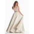 Stunning A Line High Neck Open Back Two Piece Champagne Satin Beaded Prom Dress