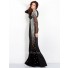 Stunning Fitted Long Sleeve Black Jersey Tulle Beaded Evening Prom Dress