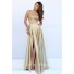 Stunning Halter High Slit Two Piece Long Gold Satin Beaded Prom Dress