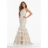 Trumpet Halter Open Back Ivory Lace Tulle Ruffle Tiered Prom Dress
