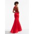 Trumpet Halter Open Back Two Piece Red Satin Beaded Prom Dress