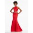 Trumpet Halter Open Back Two Piece Red Satin Beaded Prom Dress