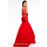Trumpet Mermaid Cap Sleeve V Back Long Red Tulle Lace See Through Prom Dress