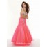 Trumpet/Mermaid sweetheart long red tulle beaded prom dress with train