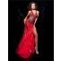 Unique Sexy Halter Backless Long Red Silk Beading Sequins Evening Prom Dress With Slit