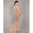 Unique Sexy One Shoulder See Through Champagne Tulle Beaded Prom Dress