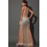 Unique Sexy Sheer Illusion Neckline Back Long Nude Tulle Silver Beading Prom Dress With Slit