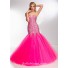 Unusual Mermaid Flared Strapless Long Watermelon Red Tulle Beaded Prom Dress Corset Back