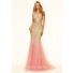 Unusual Slim Mermaid Backless Gold Lace Pink Tulle Prom Dress
