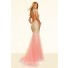 Unusual Slim Mermaid Backless Gold Lace Pink Tulle Prom Dress