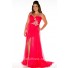 Unusual Straps Long Red Chiffon Beading Plus Size Evening Prom Dress With Slit
