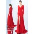 V Neck Full Back High Slit Long Sleeve Red Jersey Prom Dress