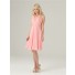 A line halter Low back short pink chiffon bridesmaid dress