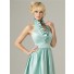 A line halter ruffle neck knee length short mint green silk satin bridesmaid dress