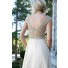 A Line Bateau Neckline Cap Sleeve V Back Long White Chiffon Gold Silver Beaded Prom Dress