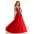A Line Long Red Tulle Beading Plunging Neckline Prom Dress