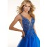 A Line Long Royal Blue Tulle Beading Plunging Neckline Prom Dress