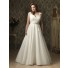 A line Princess v neck cap sleeve tulle lace plus size designer wedding dress with applique