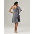 Asymmetrical one shoulder sleeve short charcoal grey chiffon bridesmaid dress with ruffles