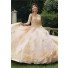 Ball Gown Prom Dress Long Sleeve Blush Tulle Gold Lace Quinceanera Dress