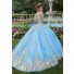 Ball Gown Prom Dress Long Sleeve Light Blue Tulle Gold Lace Quinceanera Dress Open Back