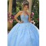 Beautiful Ball Gown Prom Dress Light Blue Tulle Lace  Quinceanera Dress Off The Shoulder