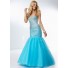 Classy Mermaid Sweetheart Long Blue Tulle Beaded Prom Dress Corset Back