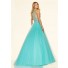 Elegant A Line High Neck Aqua Tulle Beaded Prom Dress With Buttons