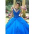 Fantastic Ball Gown Prom Dress Blue Tulle Lace Beaded Quinceanera Dress V Neck
