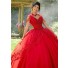 Fantastic Ball Gown Prom Dress Red Tulle Lace Beaded Quinceanera Dress V Neck