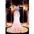 Mermaid Illusion Scoop Neck Pink Chiffon Gold Lace Applique Prom Dress