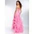 High Low Sweetheart Pink Organza Ruffle Beaded Prom Dress Corset Back Side Slit
