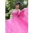 Princess Ball Gown Prom Dress Hot Pink Tulle Lace Long Sleeve Quinceanera Dress Cold Shoulder