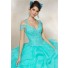 Quinceanera Dress Ball Gown Puffy Aqua Organza Ruffle Beaded Prom Dress
