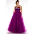 Royal A Line Strapless Empire Waist Long Purple Tulle Beaded Plus Size Prom Dress