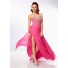 Sexy A Line Sweetheart Open Back Long Hot Pink Chiffon Beaded Prom Dress With Slit