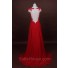 Sexy Illusion Neckline See Through Back Long Red Chiffon Lace Evening Prom Dress Cap Sleeves