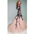 Sexy Mermaid V Neck Champagne Tulle Black Lace Long Sleeve Evening Prom Dress Back