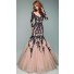 Sexy Mermaid V Neck Champagne Tulle Black Lace Long Sleeve Evening Prom Dress