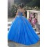 Stunning Ball Gown Prom Dress Blue Tulle Beaded Quinceanera Dress Cold Shoulder Drop Waist